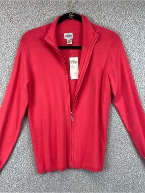 Chicos Liquid Knit Cardigan Womens S (0)  Full Zip Mock Neck Coral Pink Ribbed
